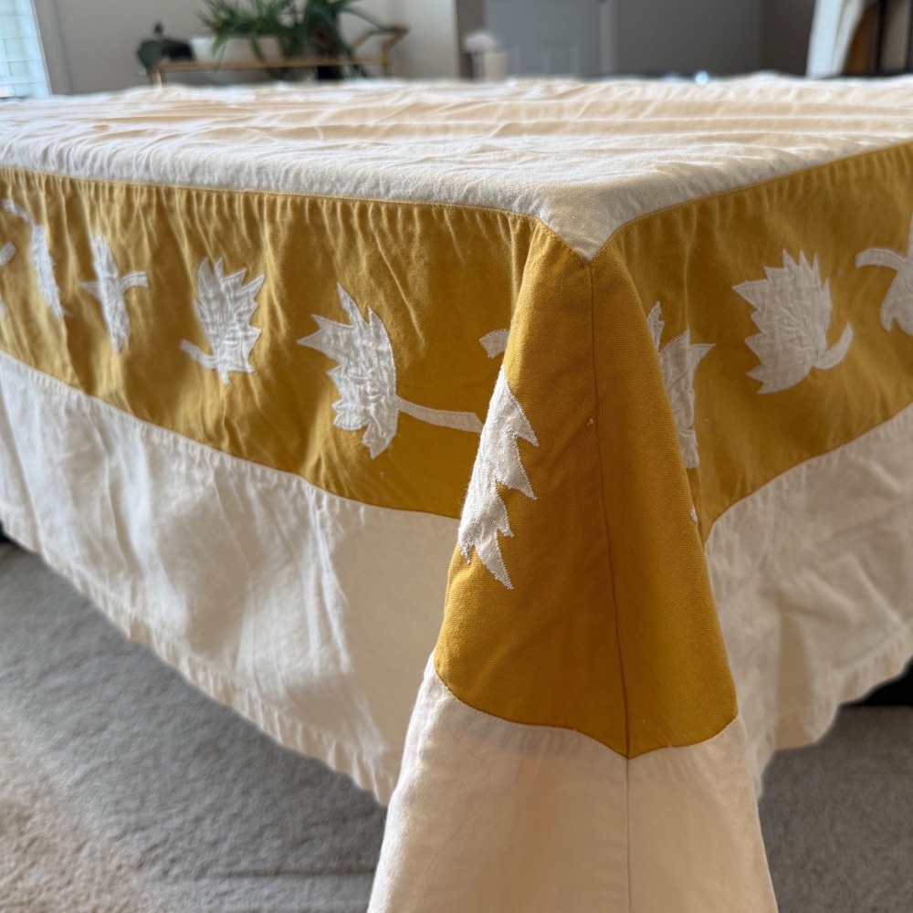 Williams Sonoma Embroidered Leaf Tablecloth Cream Mustard Yellow Farmhouse Fall